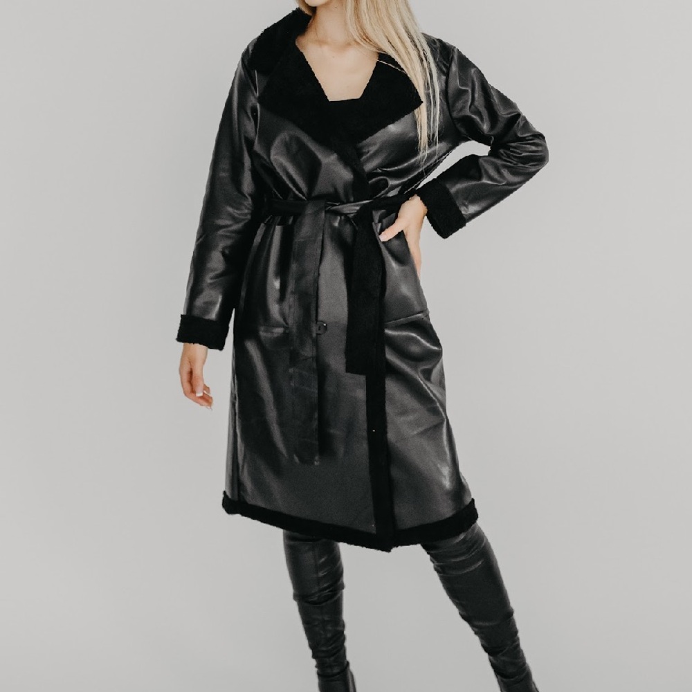 Women's Black Faux Leather Trench Coat